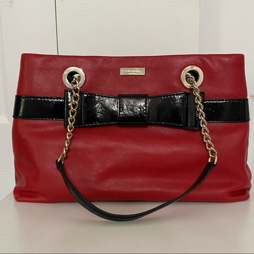 kate spade Red and Black Leather Chain-Handle Shoulder Bag with Bow
